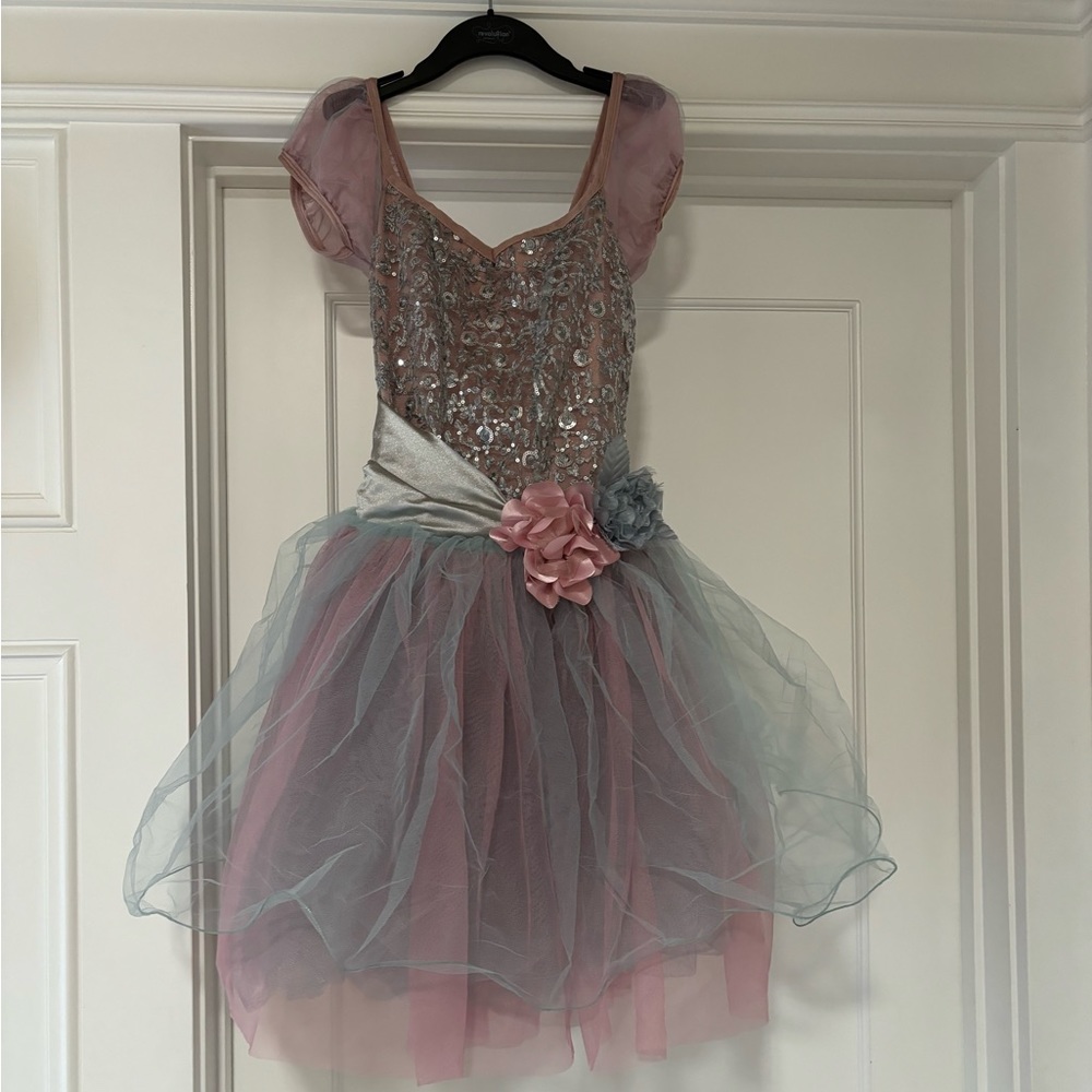 Girls Curtain Call Cascade ballet costume, rose and blue tooling sz child large